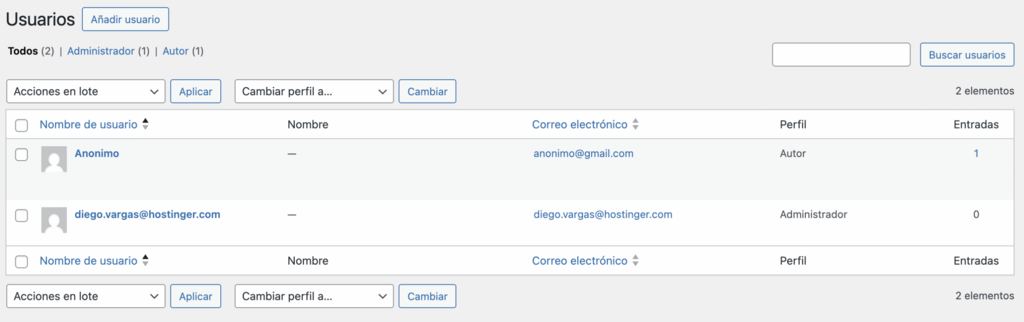 Sección de usuarios en WP