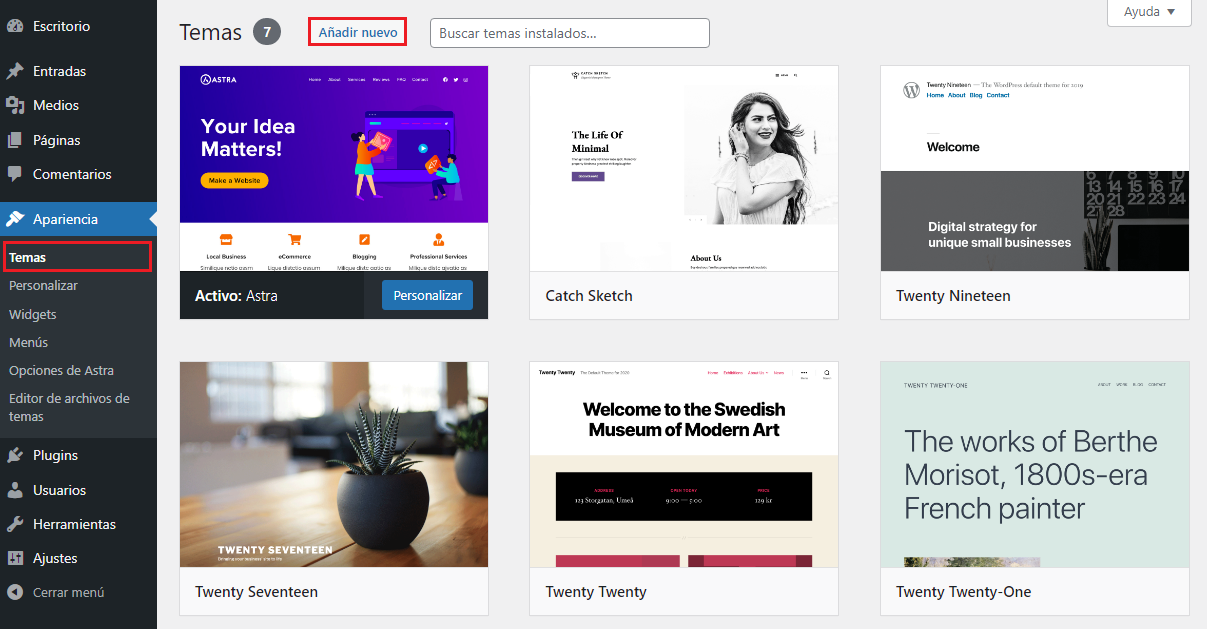 Añadir nuevo tema en WordPress