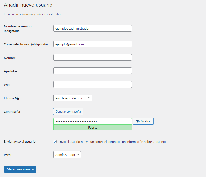 Añadir nuevo usuario como administrador en WordPress