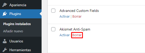 Borrar plugins en WordPress