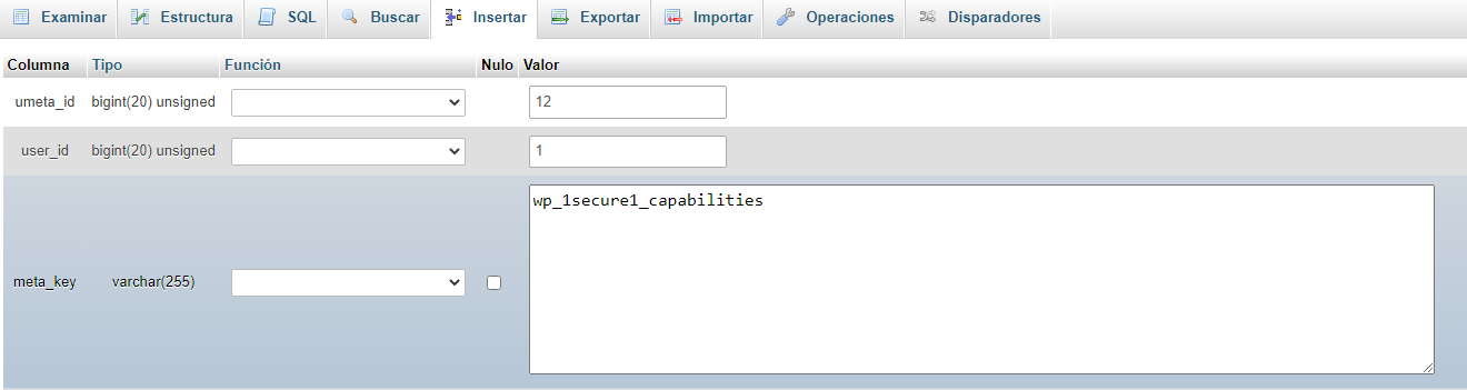 Cambiar valores en phpMyAdmin