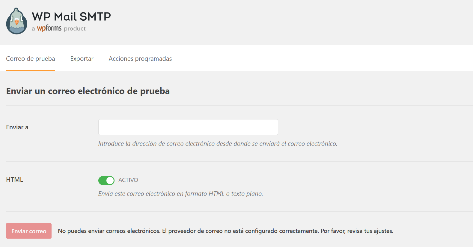 Enviar un correo de prueba con WP Mail SMPT