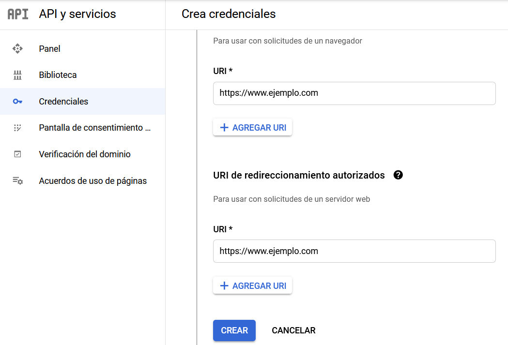Crear credenciales en Apis & Servicios de Google
