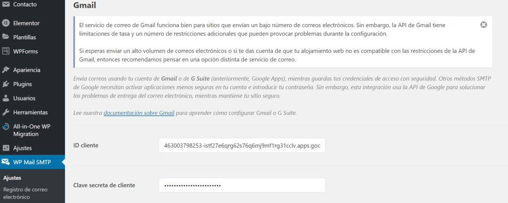 Agregar ID del Cliente y Clave secreta del cliente en WP Mail SMTP