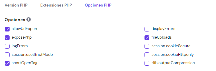 Imagen que muestra displayErrors desmarcado en hPanel
