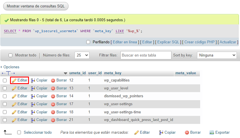 Resultados del filtro en phpMyAdmin