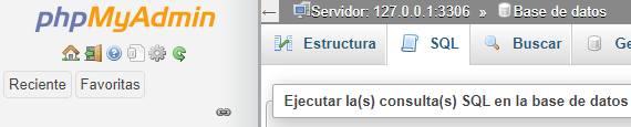 Menú SQL en phpMyAdmin