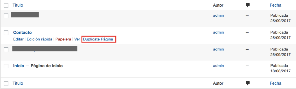 Opciones de Página duplicada de WordPress