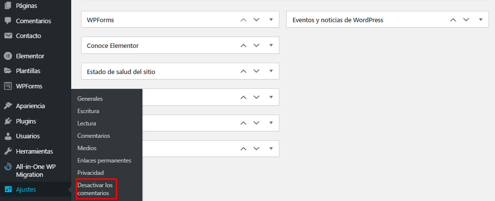 Desactivar comentarios en Ajustes de WordPress