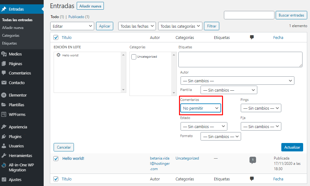 Deshabilitar comentarios en entradas específicas