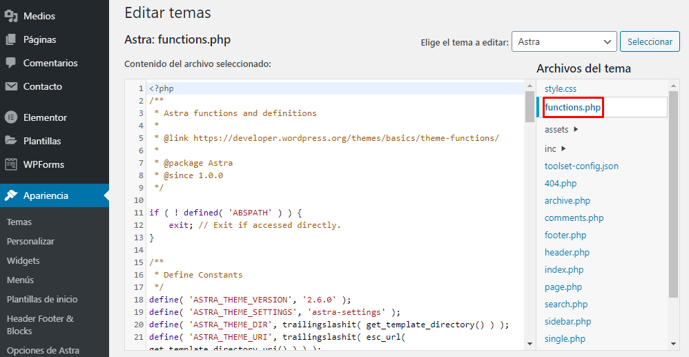 Editar functions.php en el Editor de temas en WordPress