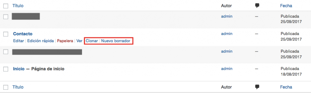 Nuevas opciones de Clonar página y nuevo borrador