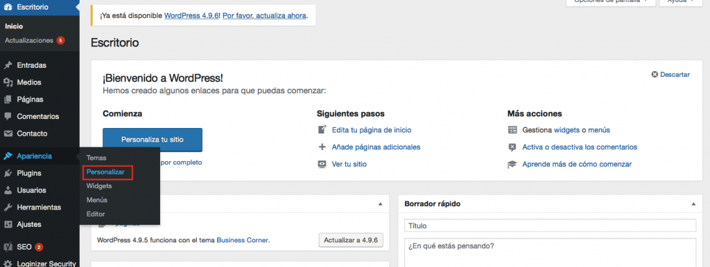 Menu para personalizar plantilla en wordpress