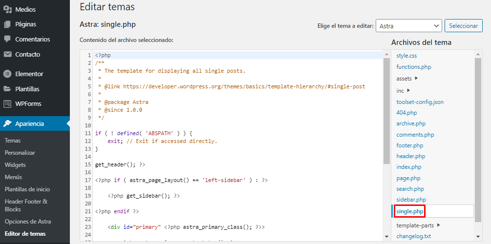 Single.php en el editor de temas de WordPress