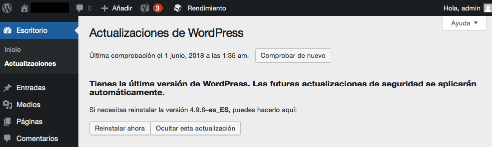 Ver versión de WordPress en la sección Actualizaciones