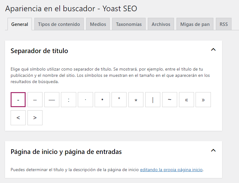 Editara la página de inicio desde el panel de Yoast SEO