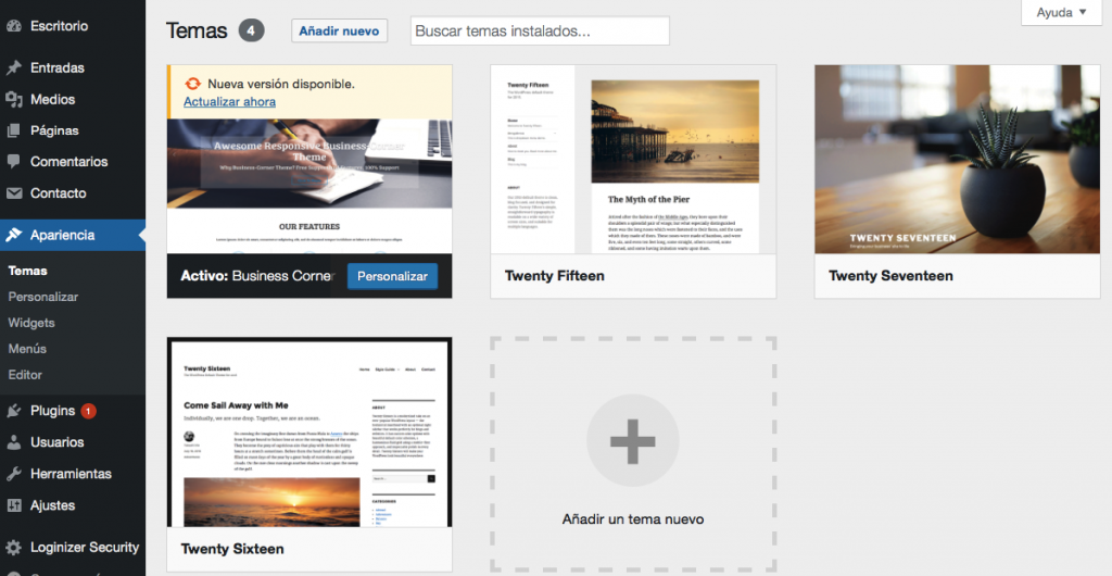 Plantillas de WordPress en el panel de administración