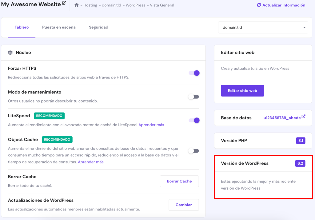 Información de la versión de WordPress en hPanel