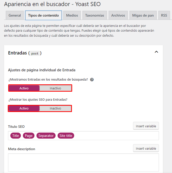 Activar mostrar entradas y ajustes SEO en Yoast SEO