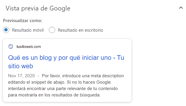 Ejemplo de vista previa de Google en Yoast SEO