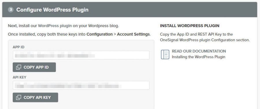 Tu APP ID y API KEY de OneSignal.