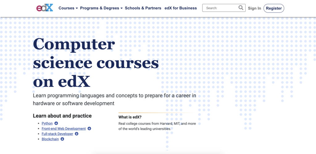 Imagen de la página de cursos de computer science de edX