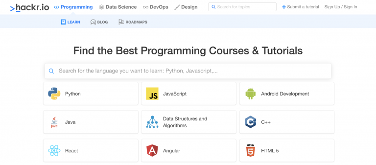 Página de inicio de Hackr.io