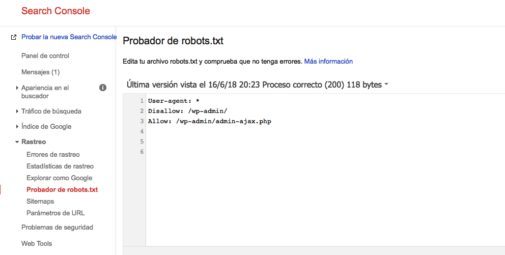 Función del probador de Search Console