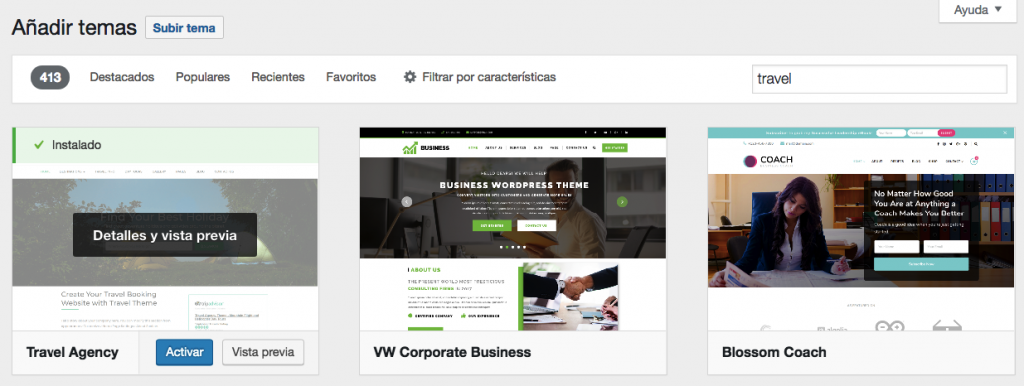 activar tema de viajes en WP