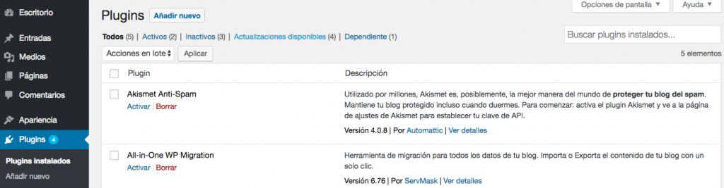 Tu pestaña de plugins de WordPress.