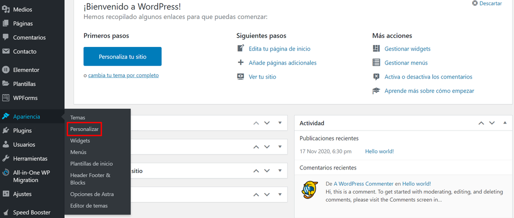 Sección Personalizar en Apariencia de WordPress