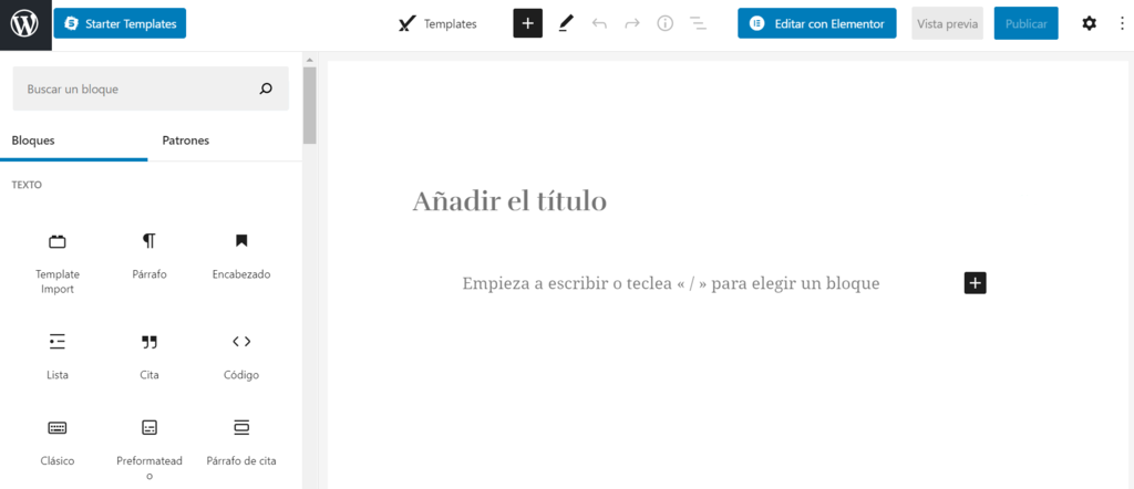 Captura de pantalla que muestra el editor Gutenberg