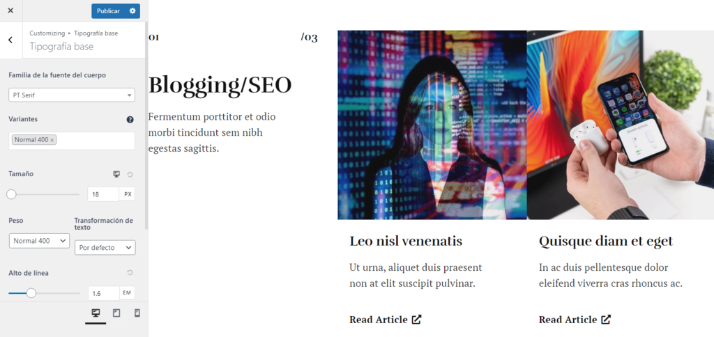 Editar fuente con el tema Astra en WordPress