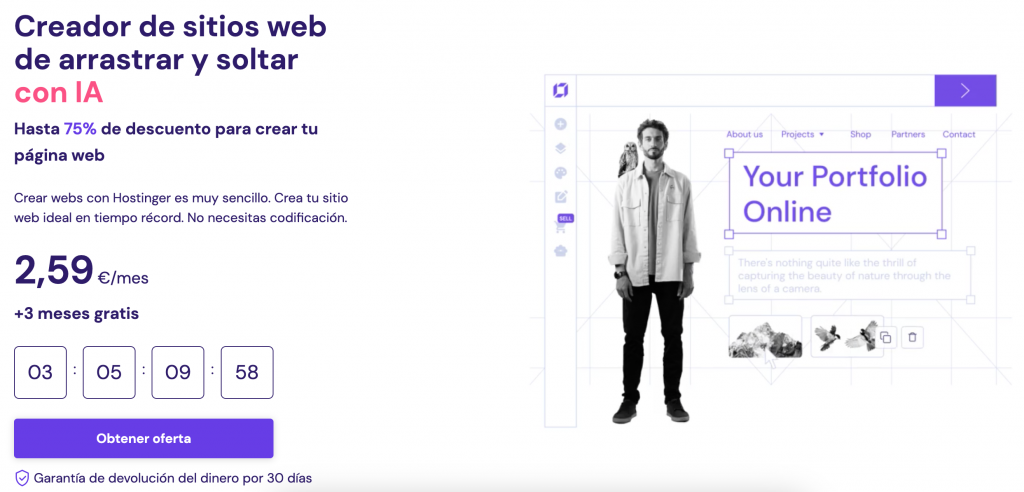 La página de inicio del Website Builder en Hostinger
