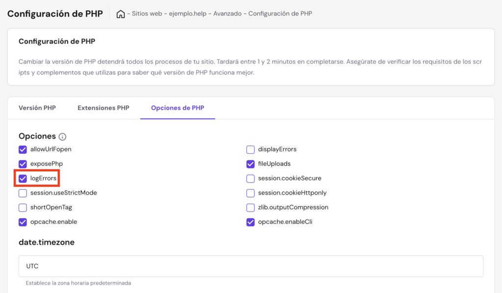 Configuración de PHP en hPanel