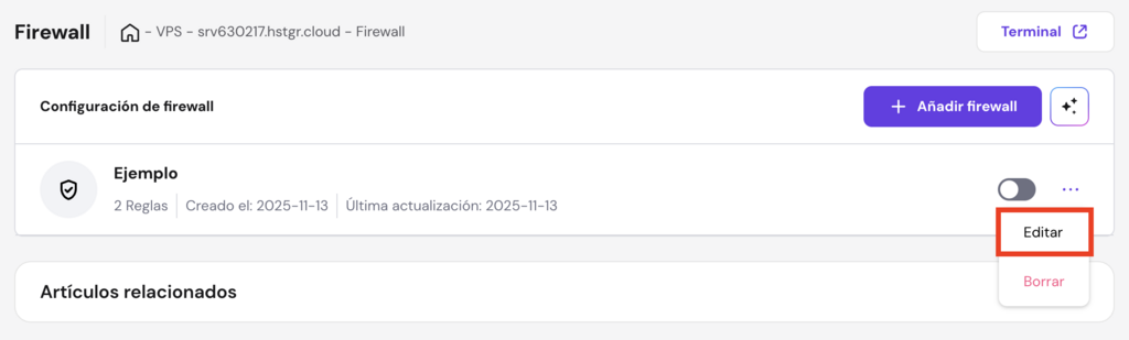 Editar firewall en el VPS