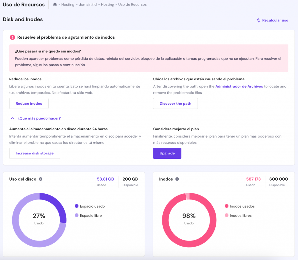 La página de uso de recursos en hPanel