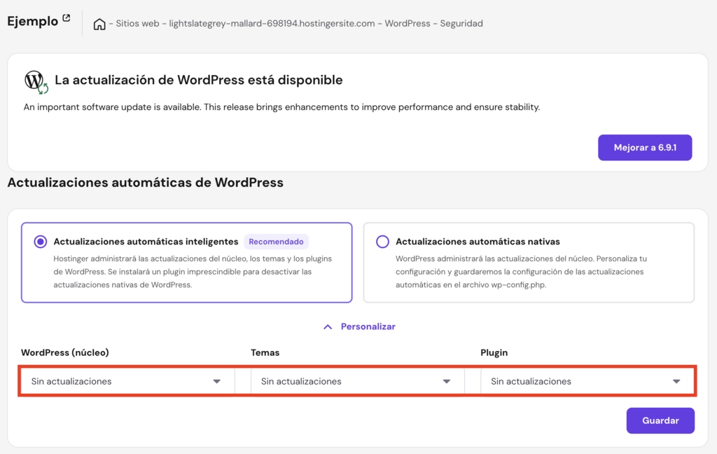 Sección de seguridad de WP