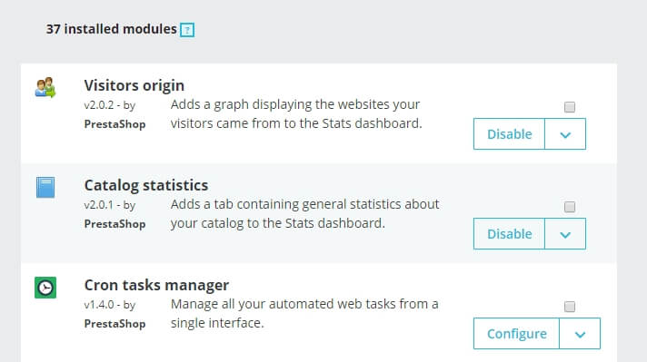 Algunos ejemplos de módulos de PrestaShop.