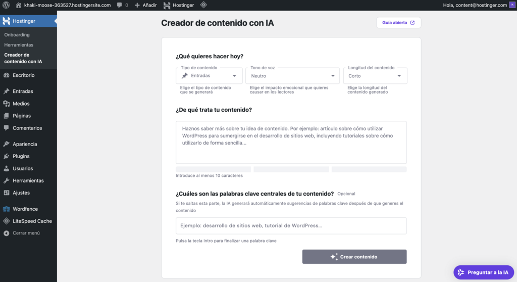 Creador de contenidos con IA de Hostinger