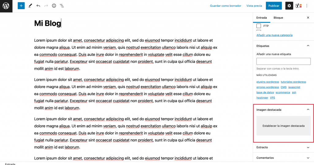 Sección Imagen destacada en el editor de WordPress.