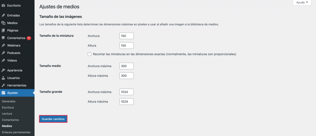 Ajustes del tamaño de imágenes en el tablero de WordPress.