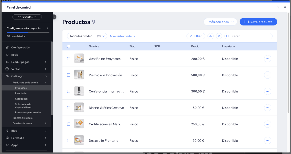 Panel de productos en Wix