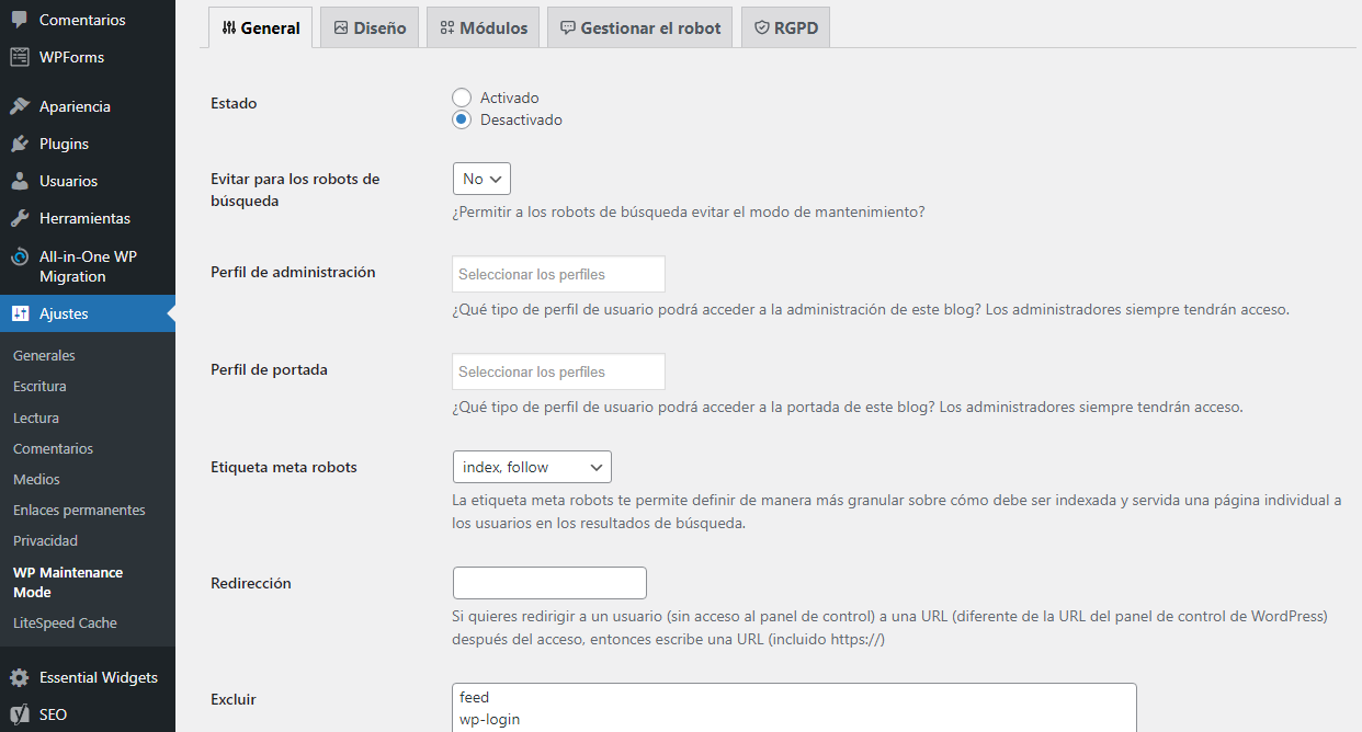 Sección General en el menú de WP Maintenance Mode