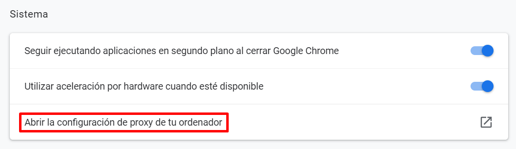 Captura de pantalla que muestra cómo abrir la configuración de proxy