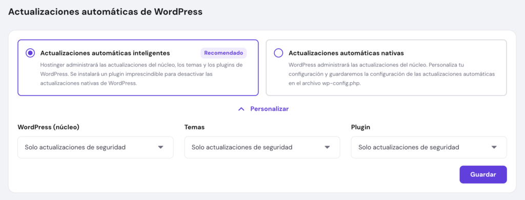Sección de Actualizaciones automáticas de WordPress
