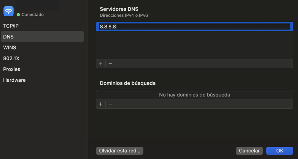 Sección ajustes de red en macOS