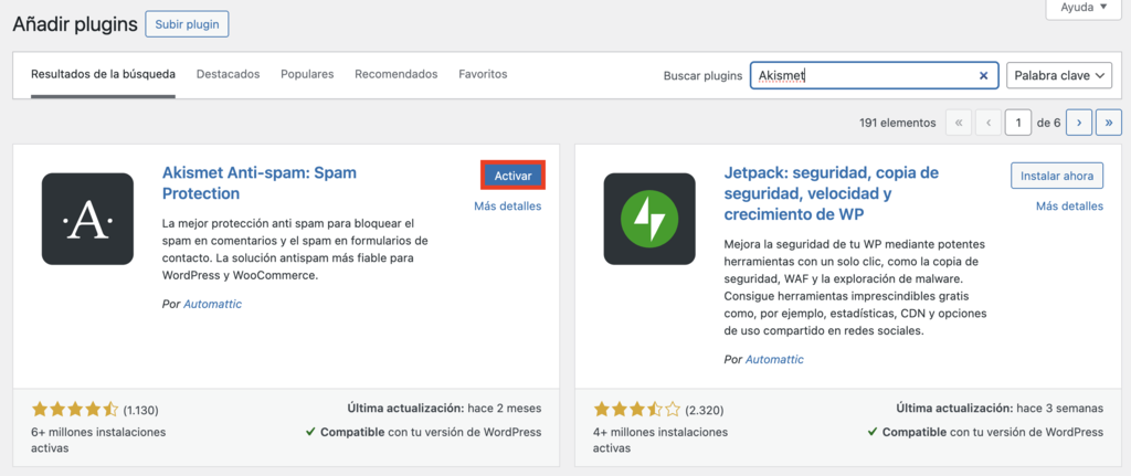 Sección de añadir plugins en WordPress