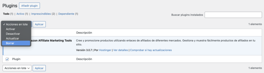 Opción borrar plugin en WordPress