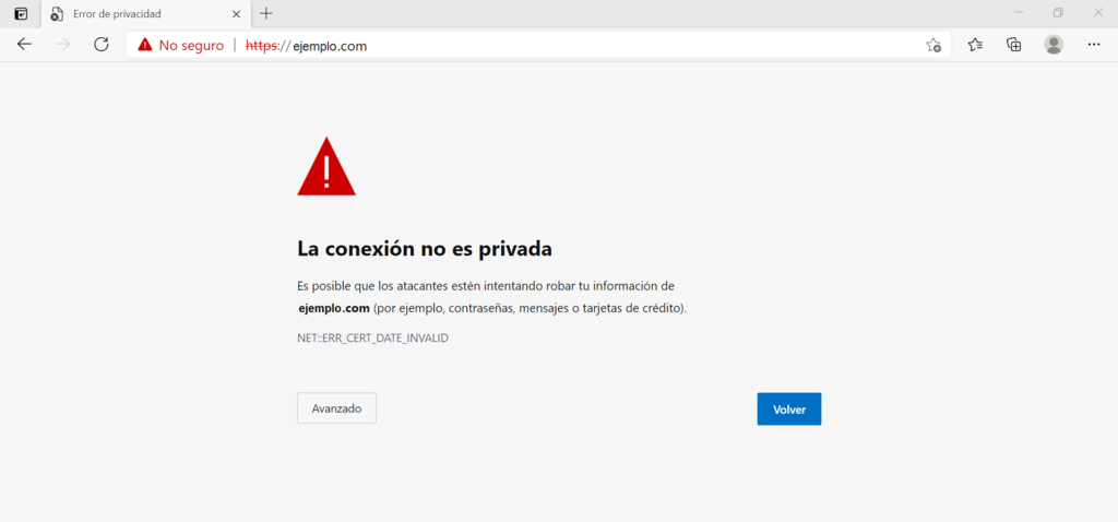 Captura de pantalla mostrando "La conexión no es privada" en Edge